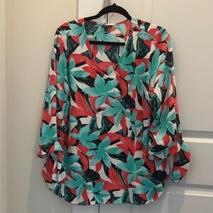 Talbots Red and Teal Floral Blouse
